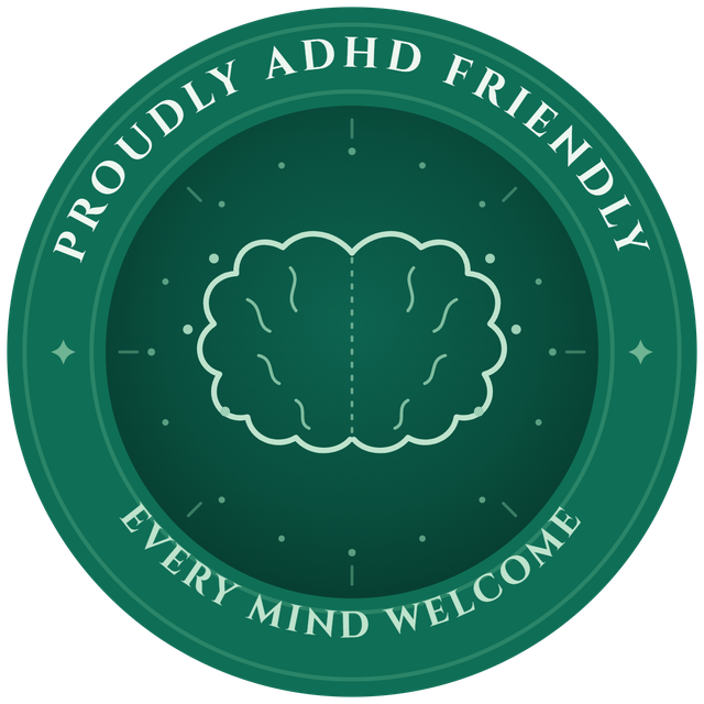 The Proudly ADHD Friendly seal. A two hemisphere line drawing of a brain on a lit core, ringed by the words Proudly ADHD Friendly and Every Mind Welcome.